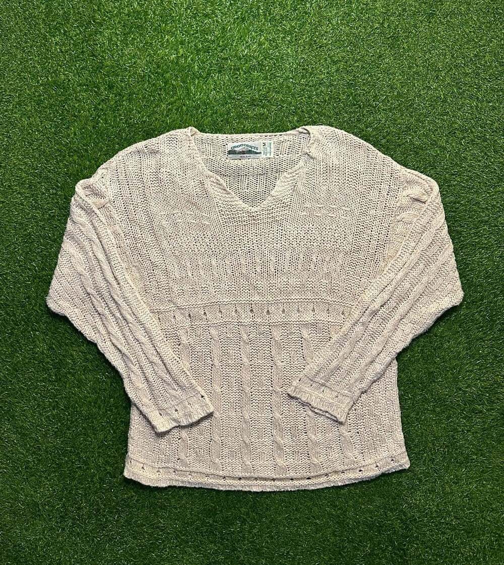 Vintage 1990s Aran Crafts V-Neck Sweater Size M Beige Cotton Cable Knit Ireland